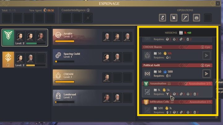 The second of the main reasons for assigning agents to infiltrate an institution, in addition to gaining resources, is the ability to complete missions - Dune Spice Wars: Espionage, Counterintelligence, Infiltrations and Missions - Basics - Dune Spice Wars Guide