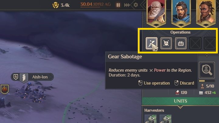When you want to use a specific operation, you can select it from the right panel under the faction leader icons - Dune Spice Wars: Espionage, Counterintelligence, Infiltrations and Missions - Basics - Dune Spice Wars Guide