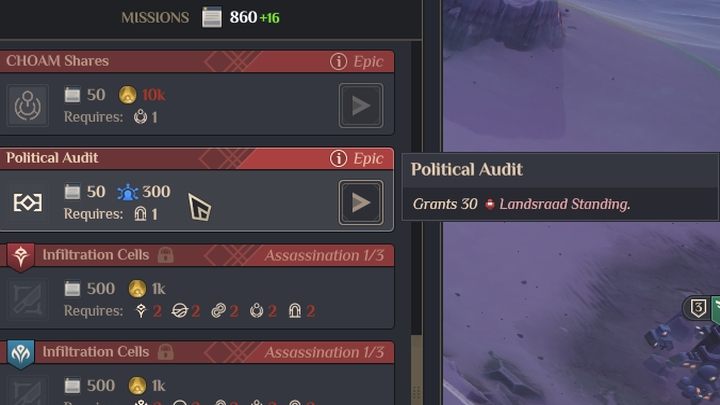 Another way to use Influence is to use it to increase your Landsraad Standing by 30 points through an agent mission: Political Audit (50 Intel, 300 Influence) - Dune Spice Wars: Votes and Influence - Resources and raw materials - Dune Spice Wars Guide