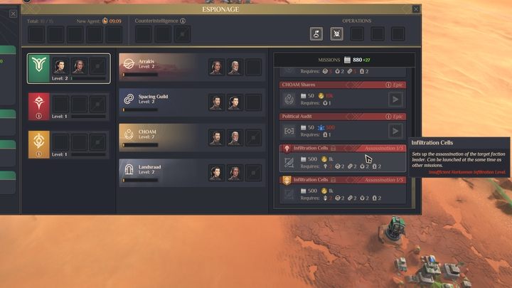 To prepare the Assassination, open the agents window and check the available missions at the bottom of the list - Dune Spice Wars: Assassination - how to prepare it? - FAQ - Dune Spice Wars Guide