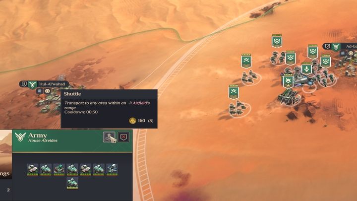 To use the Shuttle, highlight the units within the range of the Landing Site / Base and select the small icon from their panel - Dune Spice Wars: Airfield - How To Use? - FAQ - Dune Spice Wars Guide