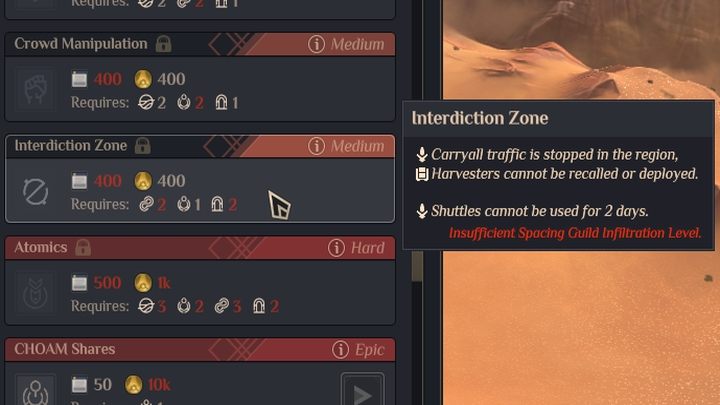 To do this, use the Interdiction Zone operation, which prevents flights in the selected region - Dune Spice Wars: Airfield - How To Use? - FAQ - Dune Spice Wars Guide