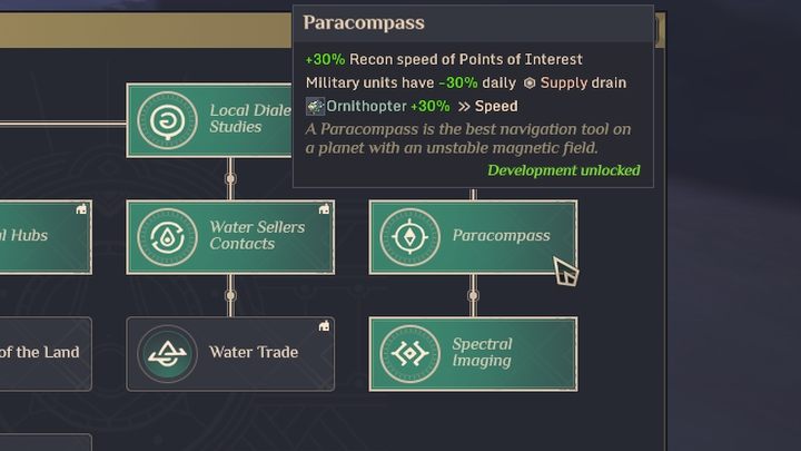 These are the Paracompass and Spectral Imaging from the Green Research Tree - Dune Spice Wars: Points of Interests - description and list - Basics - Dune Spice Wars Guide