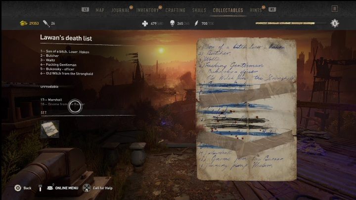 This memento is a list of people who are planning to kill Lawan - Dying Light 2: Mementos (New Dawn Park) - list of all - New Dawn Park - Dying Light 2 Guide
