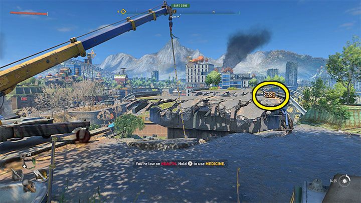 The drop you are looking for is on a separate fragment of this viaduct (pictured above) and you must grab onto a new rope to reach it - Dying Light 2: Military Tech - how to get it easily? - Character and statistics - Dying Light 2 Guide