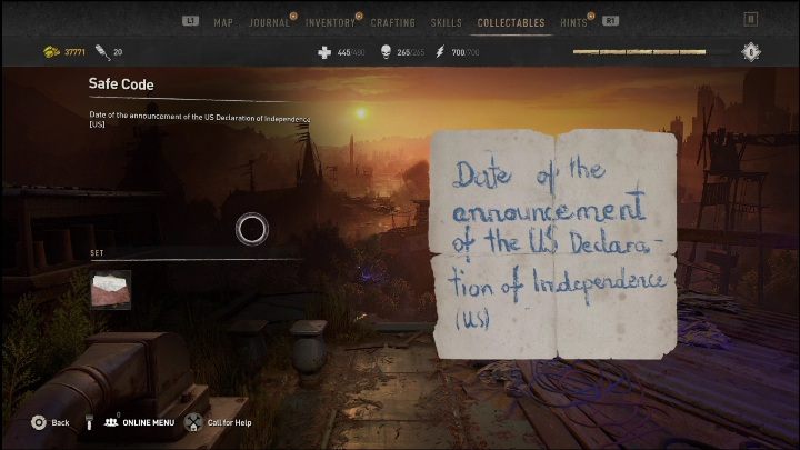 The note with the safe code can be found on the table in the middle of the destroyed bridge - Dying Light 2: Mementos (Downtown) - list of all - Downtown - Dying Light 2 Guide