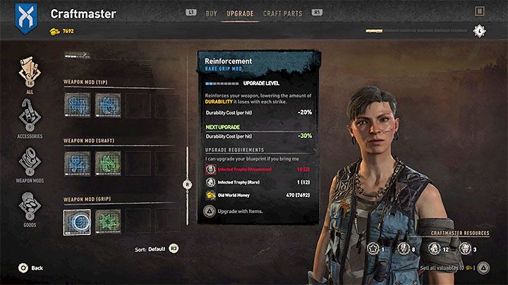 The Reinforcement modification should be further improved by spending infected trophies and the Old World currency - Dying Light 2: Repairing weapons - is it possible? - Combat - Dying Light 2 Guide