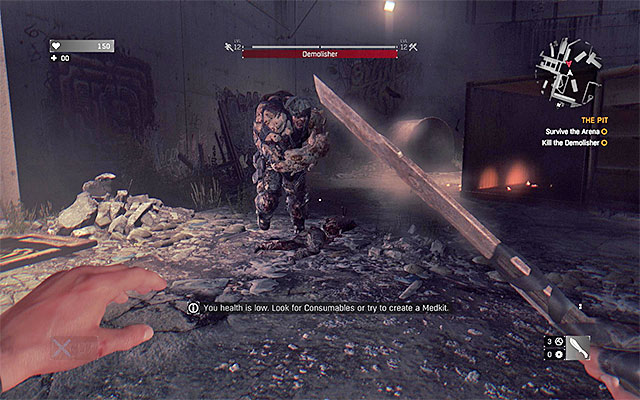 Watch out for the Demolishers charges and blocks of concrete thrown by him. - 6: The Pit | Main quests - The Slums - Main quests - The Slums - Dying Light Game Guide