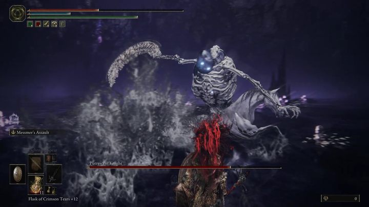 All of the boss's melee attacks deal only physical damage, so they can be fully blocked with a shield that has 100% reduction of physical damage - Shadow of the Erdtree: How to beat Putrescent Knight? - Shadow of the Erdtree: Main bosses - Elden Ring Guide