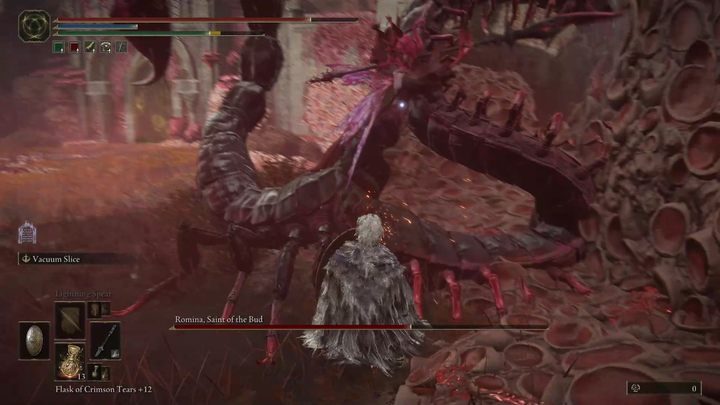 Romina wields three weapons at once - a glaive, a centipede extending from the front, and a scorpion stinger extending from the back - Shadow of the Erdtree: How to defeat Romina, Saint of the Bud? - Shadow of the Erdtree: Main bosses - Elden Ring Guide