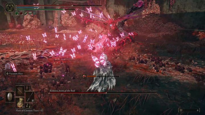 In the second phase of the fight, Romina gains the ability to summon hordes of exploding butterflies covering a large area - Shadow of the Erdtree: How to defeat Romina, Saint of the Bud? - Shadow of the Erdtree: Main bosses - Elden Ring Guide