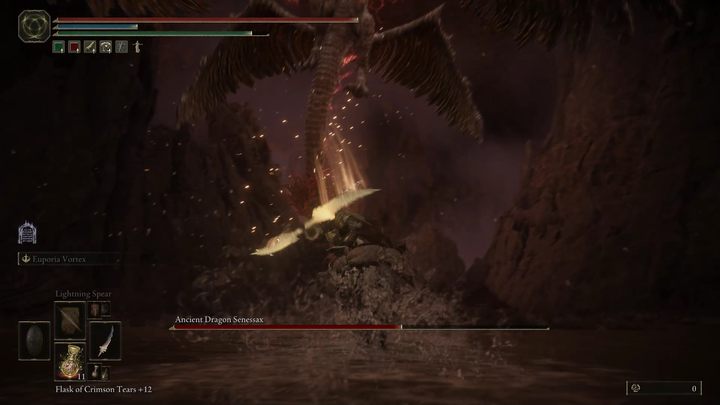 Occasionally, the boss may fly into the air, where he will either breathe fire at you or attempt to crush you - Shadow of the Erdtree: How to defeat the Ancient Dragon Senessax boss? - Shadow of the Erdtree: Side bosses - Elden Ring Guide