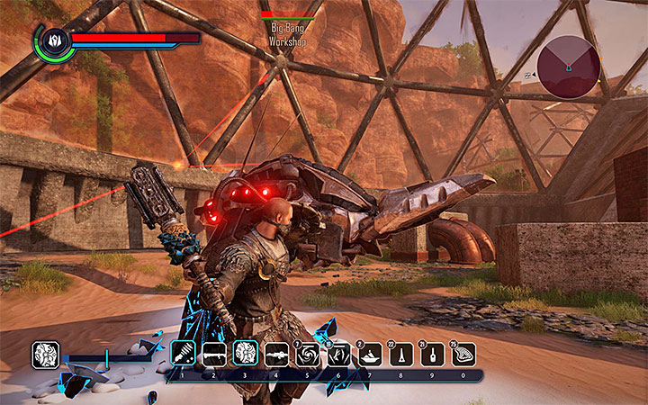 Wait for a moment when a smaller machine, called Big Bang Workshop, emerges from the levitating robot - Elex: How to defeat The Big Bang boss? - FAQ - Elex Game Guide