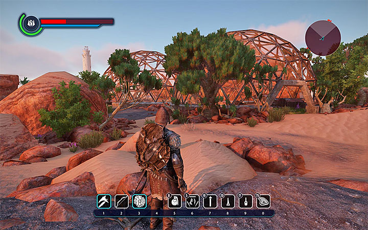 Chainsaber is inside of one of the small domes, presented in the picture, that are south from The Fort (the Outlaws headquarters) in Tavar - Elex: Where to find better weapons at the start? - FAQ - Elex Game Guide
