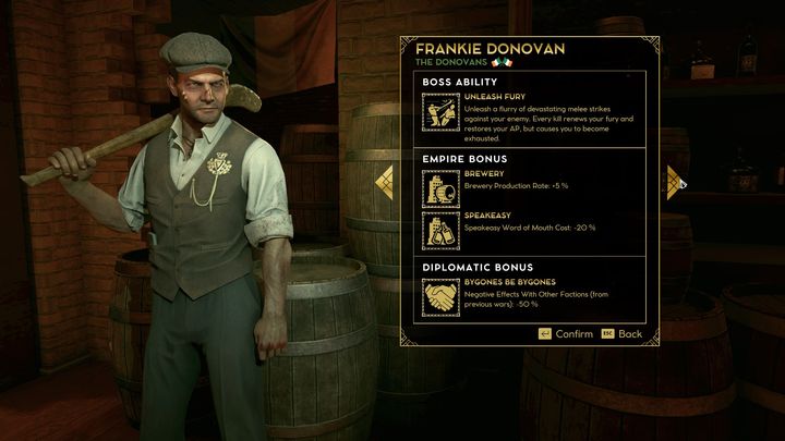 Frankie Donovan is the boss to pick if you want to grow a bar-based empire - Empire of Sin: Frankie Donovan - boss, characteristics - Bosses - Empire of Sin Guide