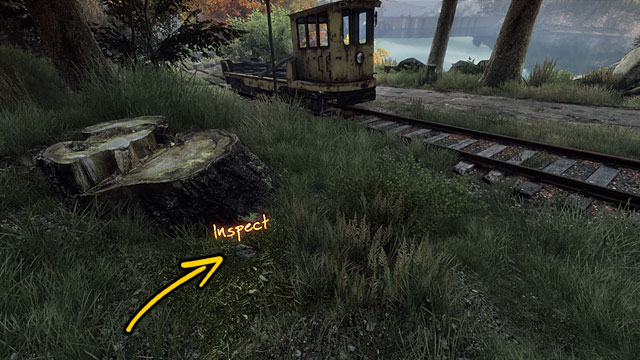 You will find the stone next to the tree trunk to the left of the trolley (assuming that you have stopped it in the correct location) - Death on tracks | Walkthrough - Walkthrough - The Vanishing of Ethan Carter Game Guide & Walkthrough