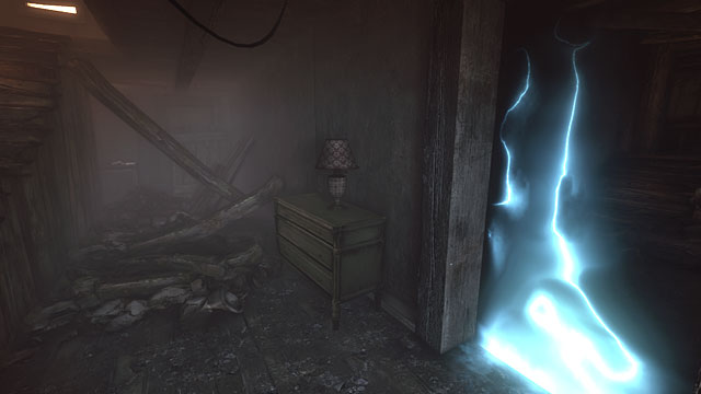 Enter the room and perform the same operation on the portal on the left - the solution is the dark root with the tipped chair and the slanting beam supporting the ceiling - House of portals | Walkthrough - Walkthrough - The Vanishing of Ethan Carter Game Guide & Walkthrough