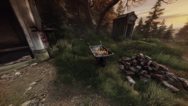 Up ahead, there is an opened tomb and a wheelbarrow close to the entrance - Graveyard | Walkthrough - Walkthrough - The Vanishing of Ethan Carter Game Guide & Walkthrough