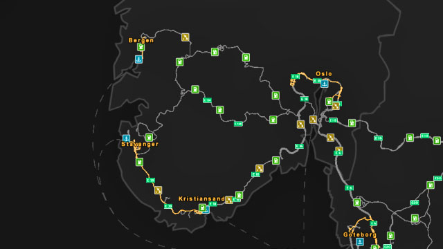 Road map of Norway. - ETS 2: Scandinavia - Norway | Roads characteristic - Roads characteristic - Euro Truck Simulator 2: Scandinavian Expansion Game Guide