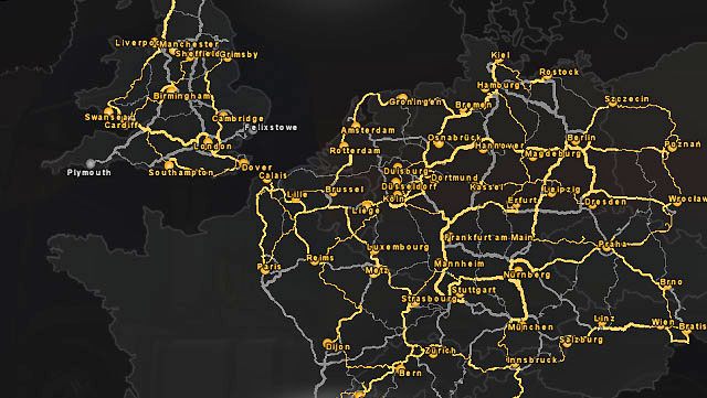 The widest map allows you for checking which cities have you explored - ETS2: World of the game - map - Map - Euro Truck Simulator 2 Game Guide