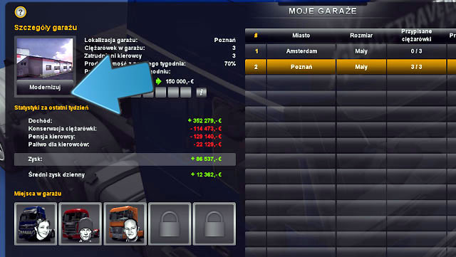 To expand your garage (the smallest one into the small one or the small one into the big one) you need to click on upgrade located in the garage manager - ETS2: Garage - upgrading and buying - Garage - Euro Truck Simulator 2 Game Guide