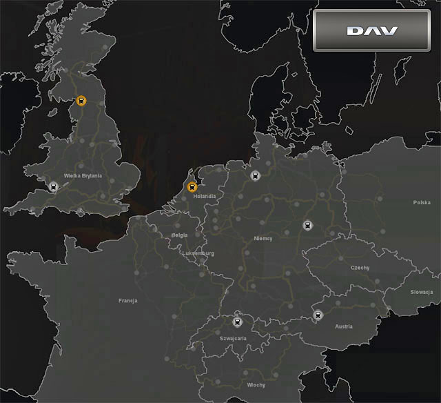 DAV trucks are offered in seven cities - ETS2: DAV Truck dealers - map - Truck dealers - Euro Truck Simulator 2 Game Guide