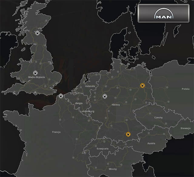 MAN trucks are offered in six cities - ETS2: MAN Truck dealers - map - Truck dealers - Euro Truck Simulator 2 Game Guide