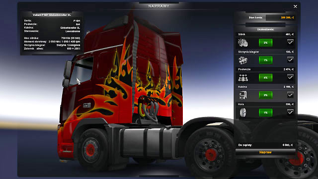 The car repair shop displays on the right the truck condition and repair costs of each element - ETS2: Car repair shop - Repair and modifications - Euro Truck Simulator 2 Game Guide
