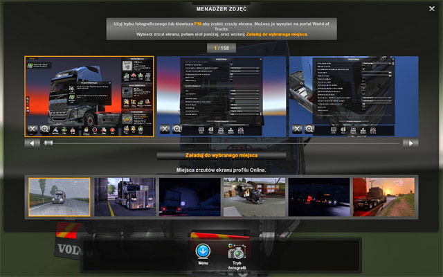 In screenshot manager you can send your screenshots to your online profile on worldoftrucks - ETS2: Photo studio - Interface Guide - Interface - Euro Truck Simulator 2 Game Guide