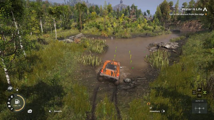 Before entering a body of water, be sure to use ultrasonic sonar - Expeditions MudRunner: How to drive through water? - FAQ - Expeditions MudRunner Guide