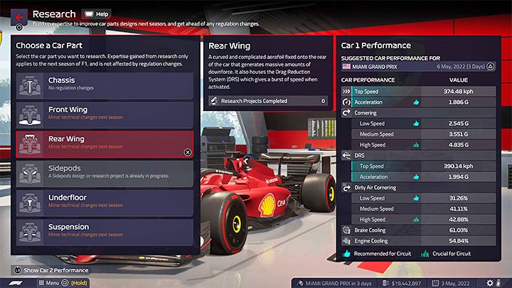 In the research window, the game informs you which parts of the car will be affected by the planned changes to the rules and you should research them only - F1 Manager 2022: New Season - Rule Changes, Research - Basics - F1 Manager 2022 Guide
