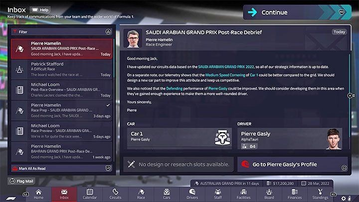 Tremendous help in the game is messages from engineers and other team members, which you can view in the mailbox tab - F1 Manager 2022: Game difficulty level - can it be changed? - FAQ - F1 Manager 2022 Guide