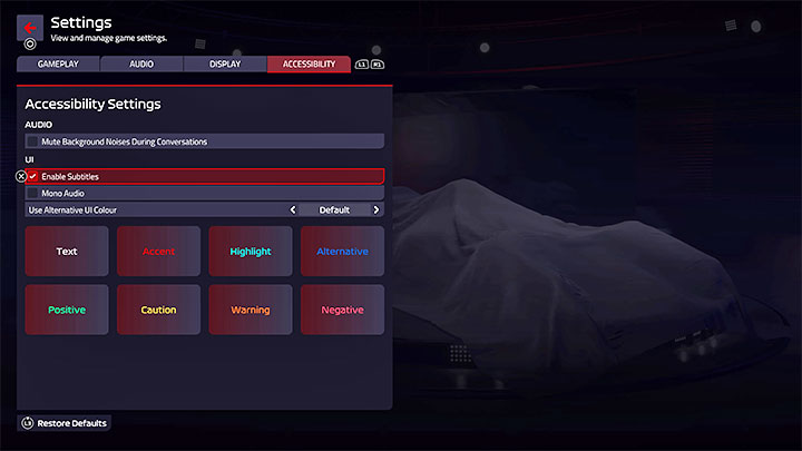 The Accessibility menu is the last tab in the option menu - F1 Manager 2022: Accessibility options - Appendix - F1 Manager 2022 Guide