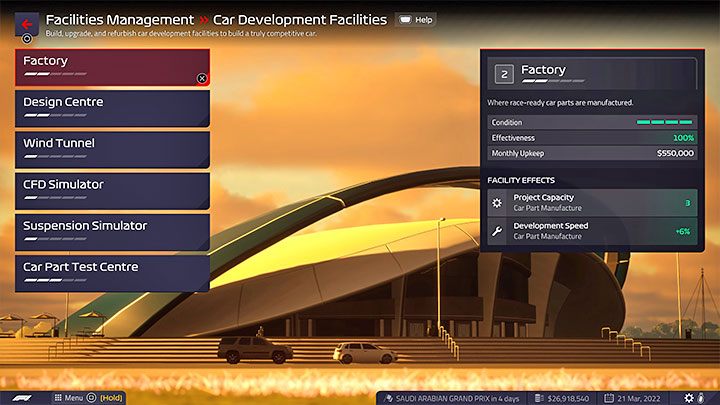 Facilities have a separate tab in the main menu of the game - F1 Manager 2022: Facilities and Staff - Basics - F1 Manager 2022 Guide