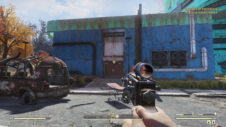 Near the Medical Centrum, you can meet a quite large group of Scorched and robots - fight them and go to the entrance - An Ounce of Prevention - Fallout 76 Walkthrough - Main missions - Fallout 76 Guide