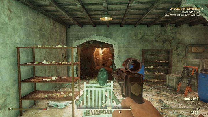 Downstairs, youll see a tunnel - use it and continue walking until you reach the room - An Ounce of Prevention - Fallout 76 Walkthrough - Main missions - Fallout 76 Guide