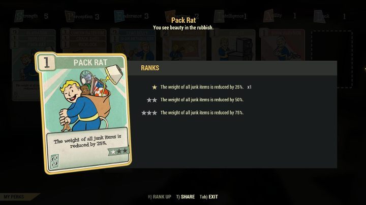 The Pack Rat Perk reduces the weight of rubbish in your inventory. - How do I increase the load capacity of my character in Fallout 76? - FAQ - Fallout 76 Guide