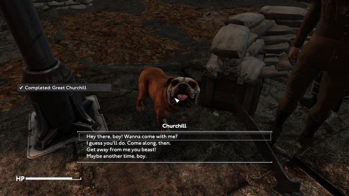 Approach the English bulldog and press the interaction button - Fallout London: How to adopt Churchill? - Fallout: London: Factions and companions - Fallout London Guide