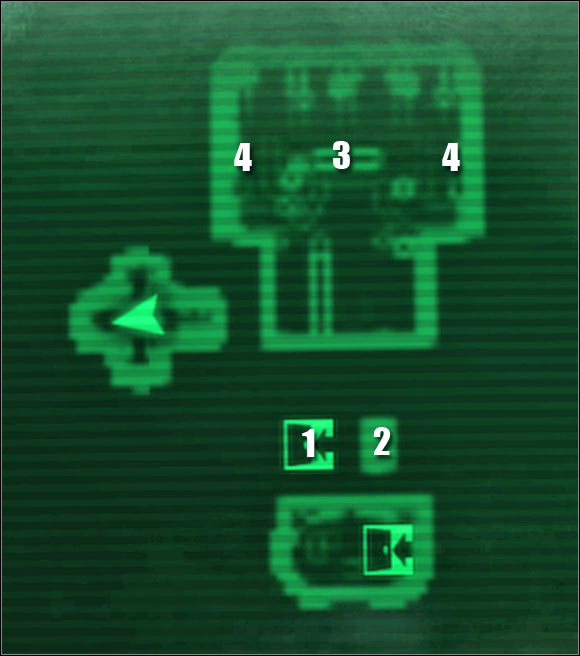 Map legend: 1 - teleportation matrix to: Living Quarters - Main quests - QUEST 3: This Galaxy Aint Big Enough... - part 3 - Main quests - Fallout 3: Mothership Zeta - Game Guide and Walkthrough