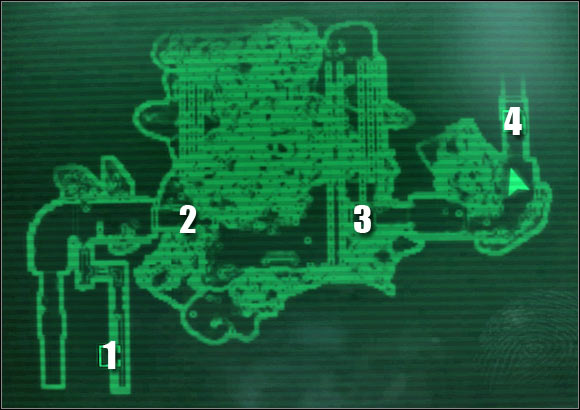 Map legend: 1 - entrance to the metro tunnels - QUEST 1: Aiding the Outcasts - part 1 - Prologue - Fallout 3: Operation Anchorage - Game Guide and Walkthrough