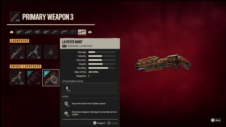 Special features: La Petite Mort is a launcher that has the following modifications - Far Cry 6: Launchers, Unique weapons - list - Unique weapons - Far Cry 6 Guide