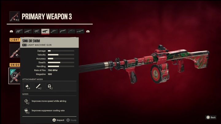 Special features: Swim or Drown is a light machine gun that has the following modifications - Far Cry 6: Light Machine Guns, unique weapons - list - Unique weapons - Far Cry 6 Guide