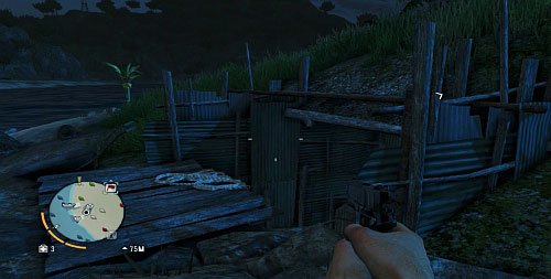In the area marked with the red circle, you will find something looking like a trench, covered with a sheet of metal (the screenshot) - The Northern Island - South-western part - Cult Objects - Far Cry 3 - Game Guide and Walkthrough