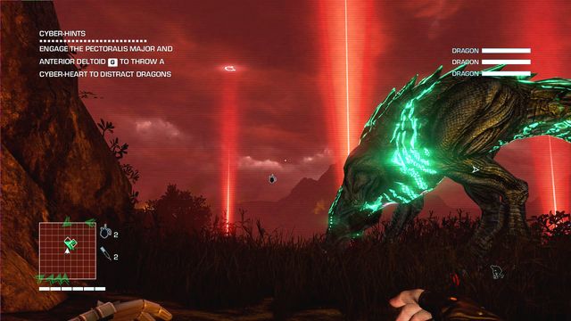 When you get at least one heart, approach the valley exit and throw it at one of directions shown on the screen - 2 - They're hee-eere! - Main missions - Far Cry 3: Blood Dragon - Game Guide and Walkthrough