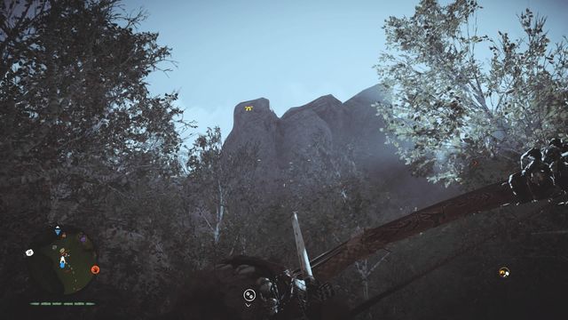 While standing at the bottom, near a place where you can find some plants and a cache among the rocks (the path blocked with stones), look up - Izila masks - Southern Oros - Far Cry Primal - Game Guide and Walkthrough