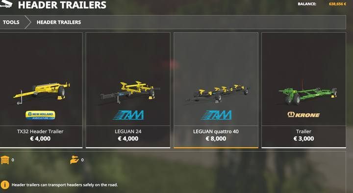 Header trailers. - Farming Simulator 19: Harvesters, headers - List of vehicles and machines - Farming Simulator 19 Guide and Tips