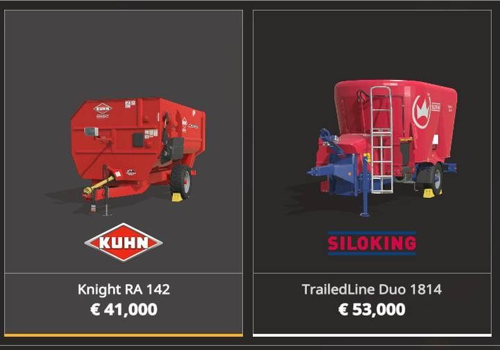 Two machines are used to prepare mixed feed for cows: KUHN Knight RA 142 and SILOKING TrailedLine Duo 1814 - Farming Simulator 19: Animal husbandry machines, vehicles - List of vehicles and machines - Farming Simulator 19 Guide and Tips