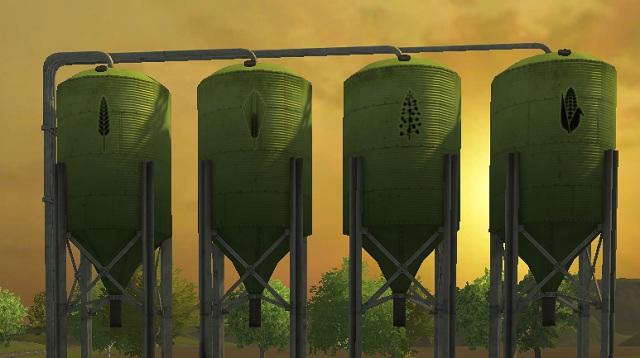 Grain silos. From left: wheat, barley, rapeseed and corn. - Locations and buildings | The basics - The basics - Farming Simulator 2013 Game Guide