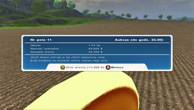 Here you can see information on the area of the field, the nominal price (without an auction) and the current highest bid - Buying a new field on an auction | Agriculture - Agriculture - Farming Simulator 2013 Game Guide