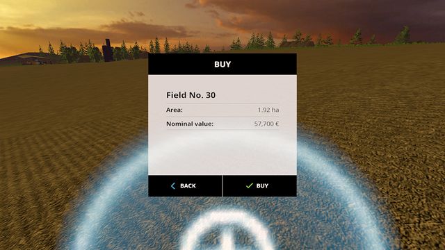 The field buying screen informs you about the price and the area. - Growing plants - preparation, harvest and selling - Basics - Farming Simulator 15 Game Guide